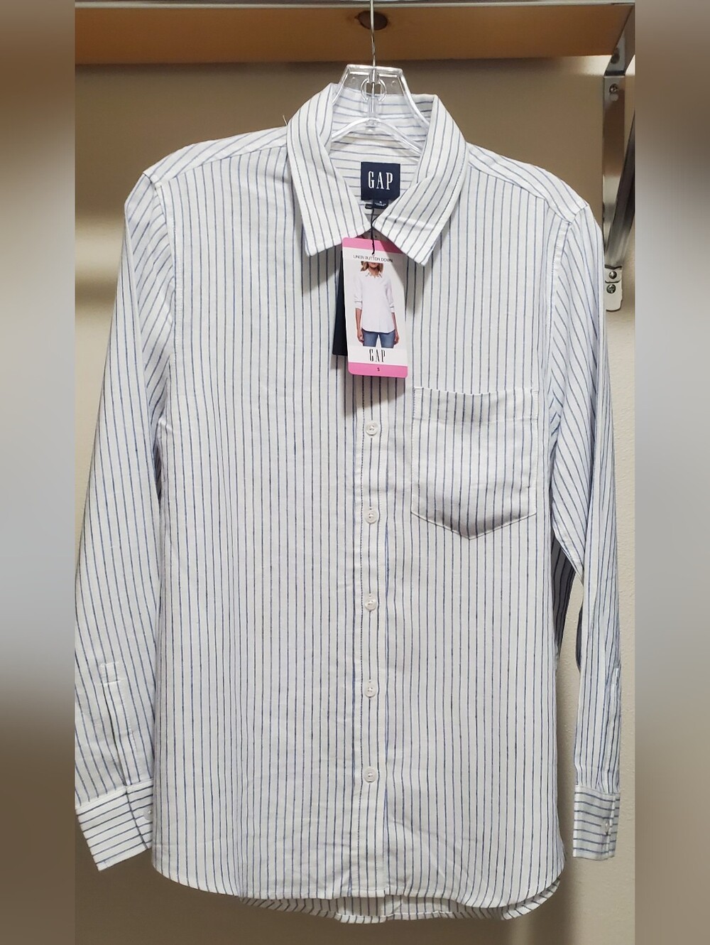 NWT GAP Women's Linen White Button-Down Shirt with Navy Pinstripes Size Small - Picture 6 of 12